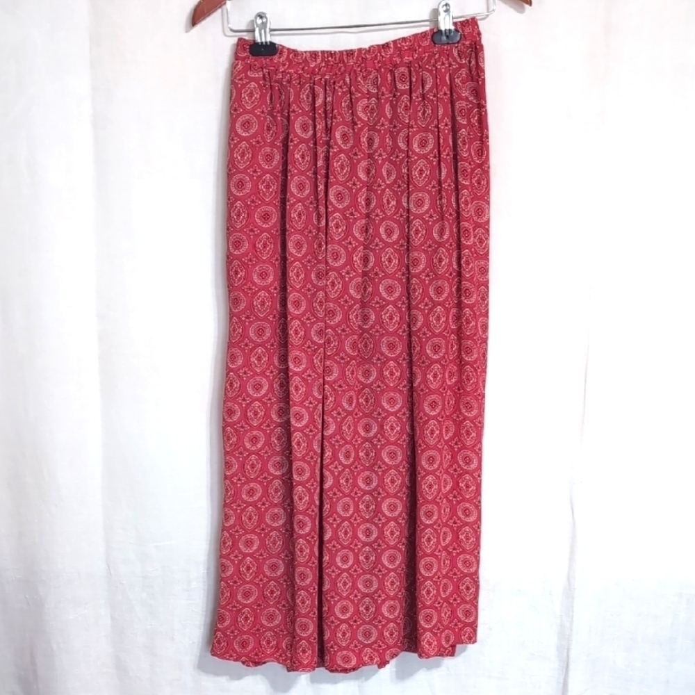 Vintage Red Arabesque Print Silk-Like Pull-On Midi Skirt Size 8